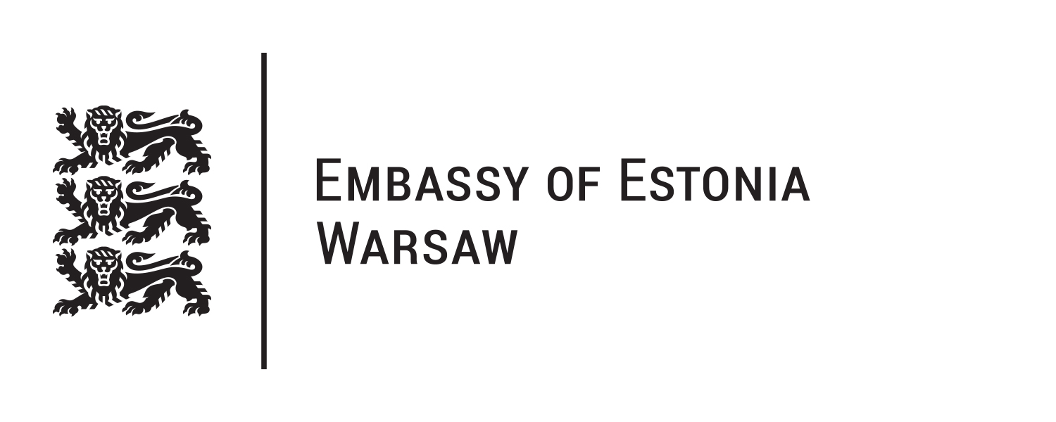 logo Ambasady Estonii – Herb Estonii z czarnym napisem Embassy of Estonia Warsaw