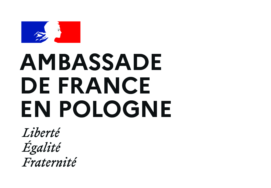 logo Ambasady Francji - zwrócony w prawą stronę biały kobiecy profil na niebiesko-czerwonym tle, pod spodem czarny napis Ambassade de France en Pologne, Liberte, Egalite, Fraternite