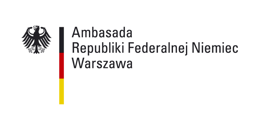 logo Ambasady Niemiec - czarny herb Niemic oddzielony pionową kreską w kolorach czarno-czerwono-żółtych od napisu Ambasada Republiki Federalnej Niemiec Warszawa