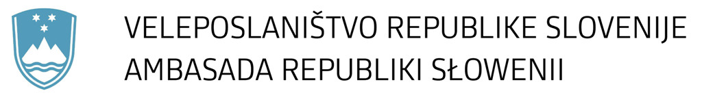logo Ambasady Słowenii - Herb Słowenii z czarnym napisem Veleposlaništvo Republike Slovenije Ambasada Republiki Słowenii