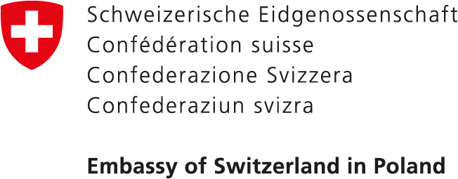 logo Ambasady Szwajcarii - czerwony herb Szwajcarii z czarnymi napisami po prawej stronie Embassy of Switzerland in Poland