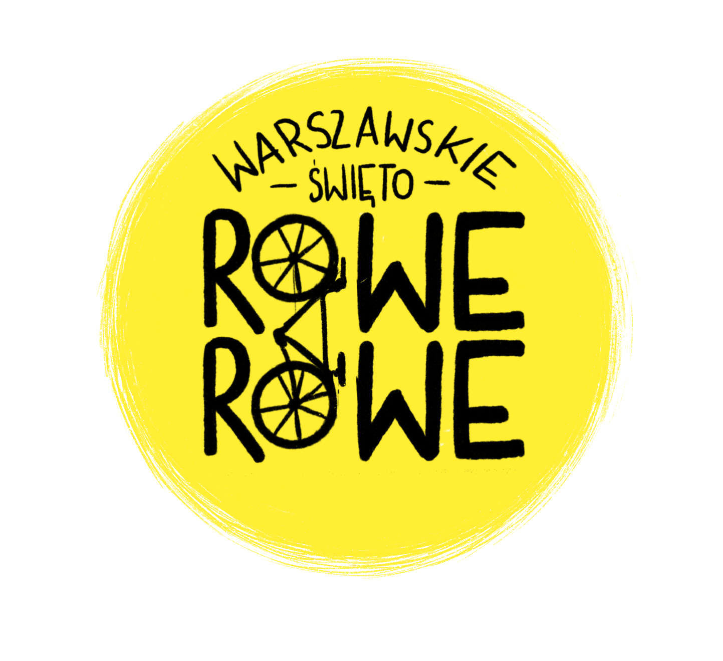 logo Warszawskiego Święta Rowerowego - żółte słońce z wpisanym czarnym napisem Warszawskie Święto Rowerowe
