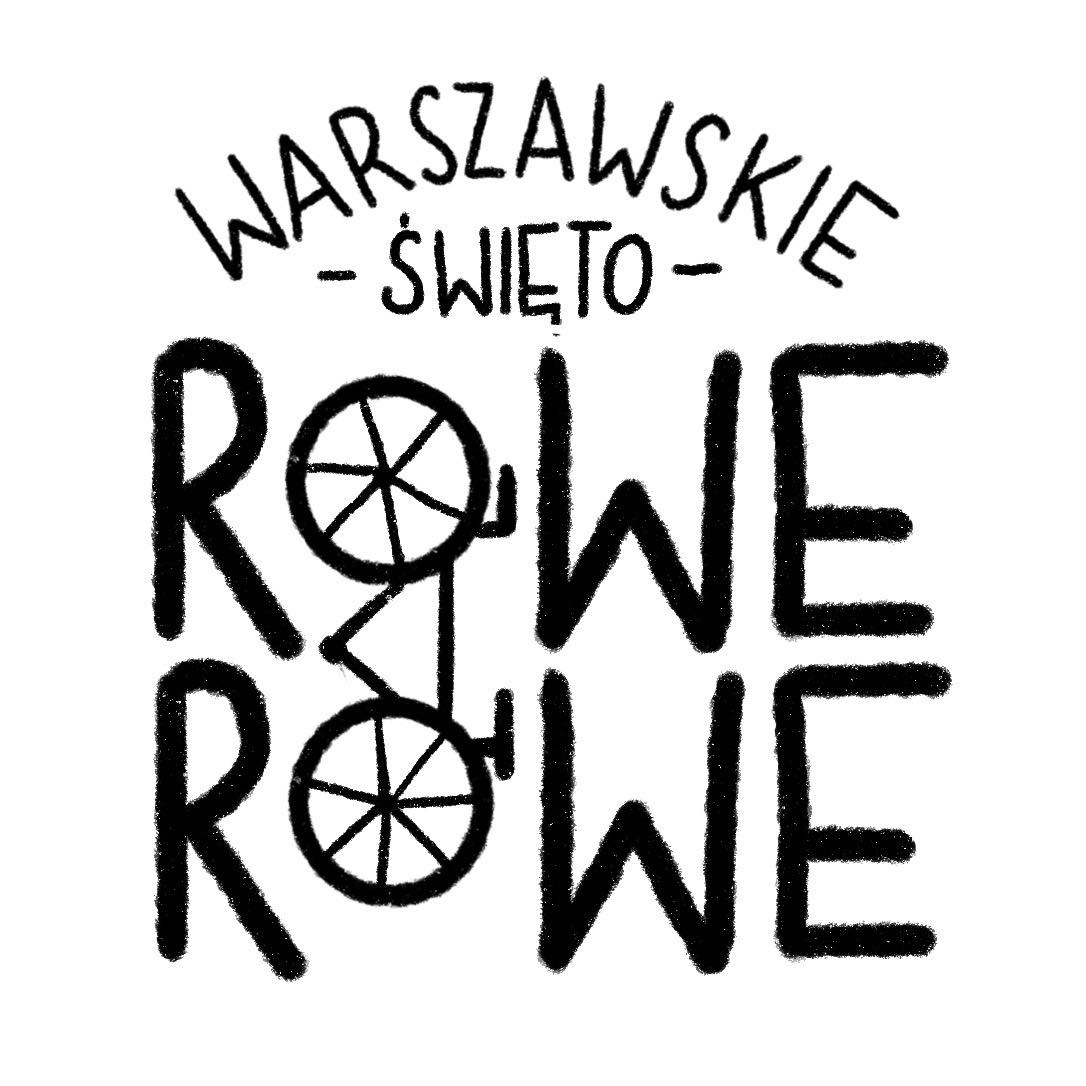 Logo – napis Warszawskie Święto Rowerowe. Słowo rowerowe jest pisane w dwóch liniach pod sobą i litery O są kołami roweru narysowanego w pionie